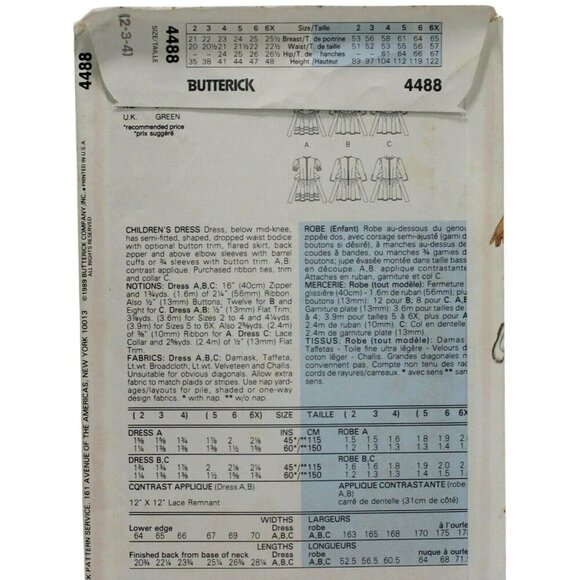 Butterick 4488 Childs Dress Sewing Pattern Child Girls Size 2-4 Easter Fancy - Picture 2 of 2